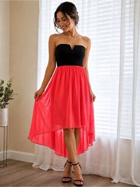 B Darlin Black Bodice with Red High-Low Chiffon Skirt Dress